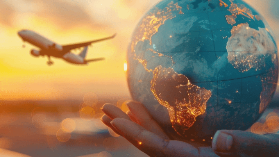 Flugzeug und leuchtende Weltkugel im Sonnenuntergang – Symbolbild für die beliebtesten Auswanderziele