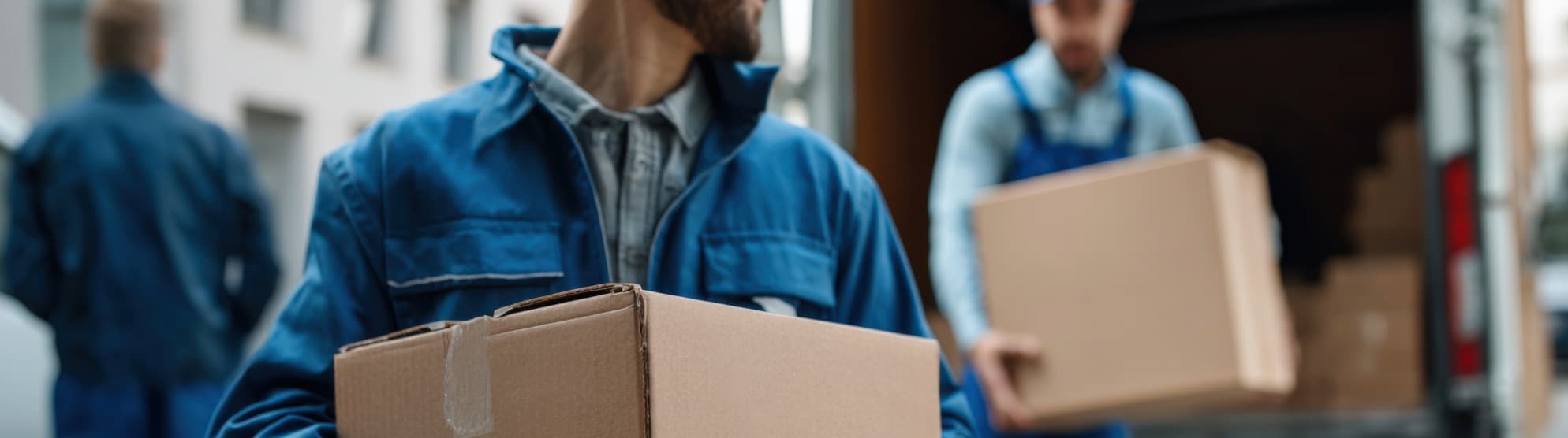 moving crew carries boxes at the destination and unloads the van