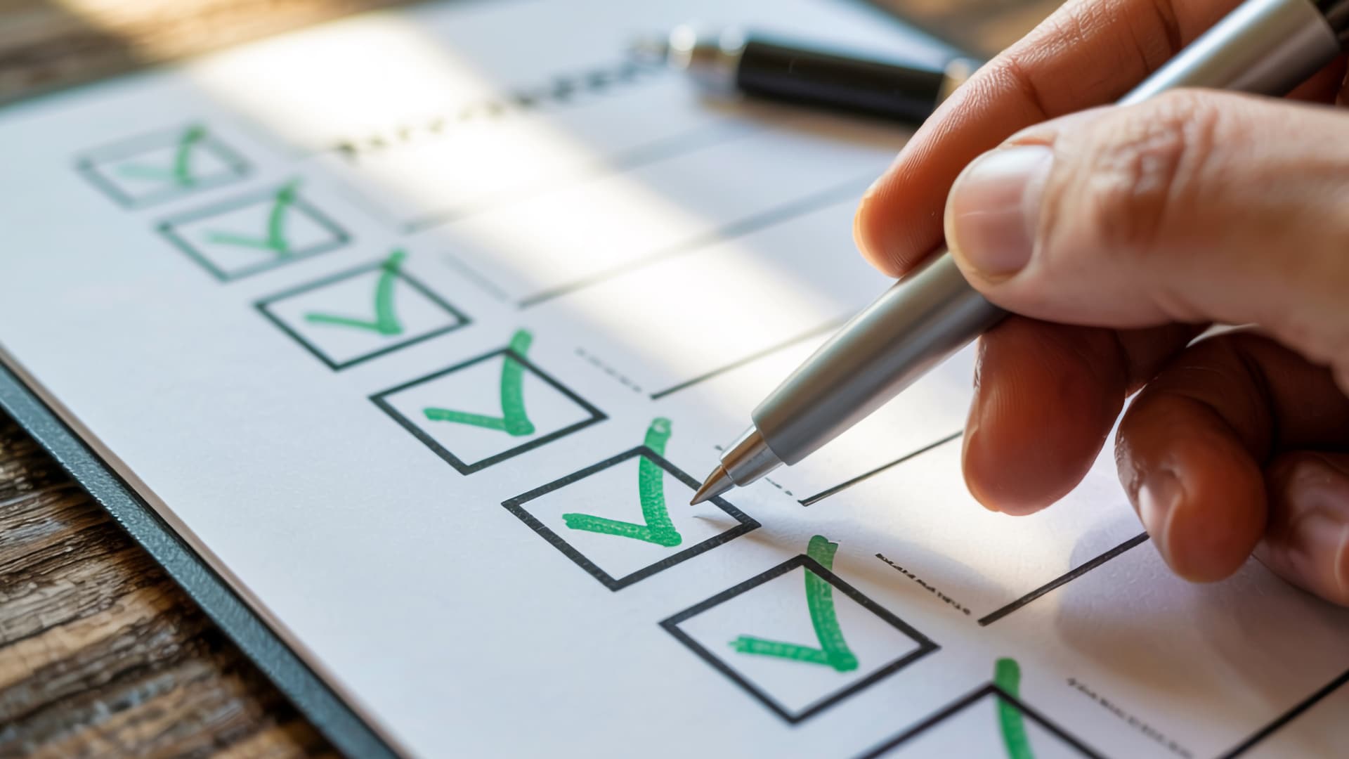 Hand checking off items on a checklist. Symbolizes meeting requirements for a customs inspection.