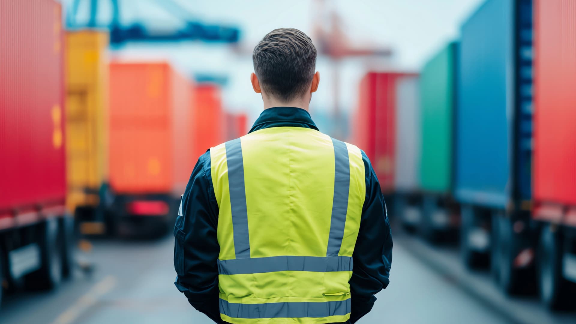 Person in high-visibility vest standing in front of containers, ready for customs inspection at the port