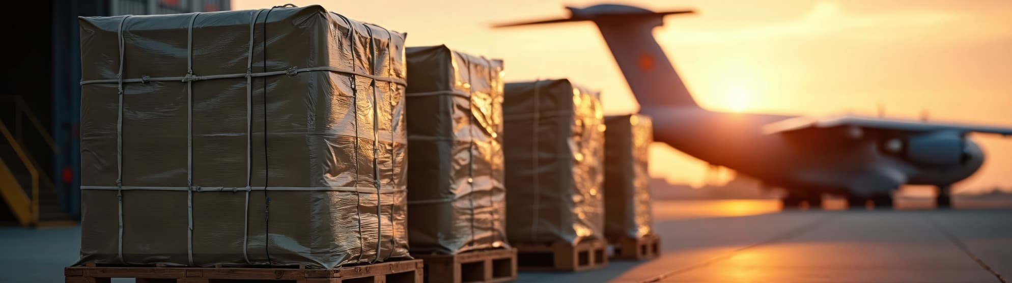 Wrapped cargo pallets on airport apron near cargo aircraft at sunset – Air Chargeable Weight for air freight