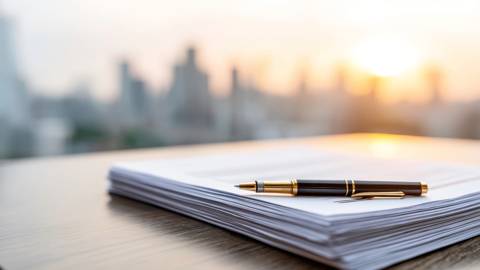 Airline documents: pen on a stack of papers on a table at sunrise