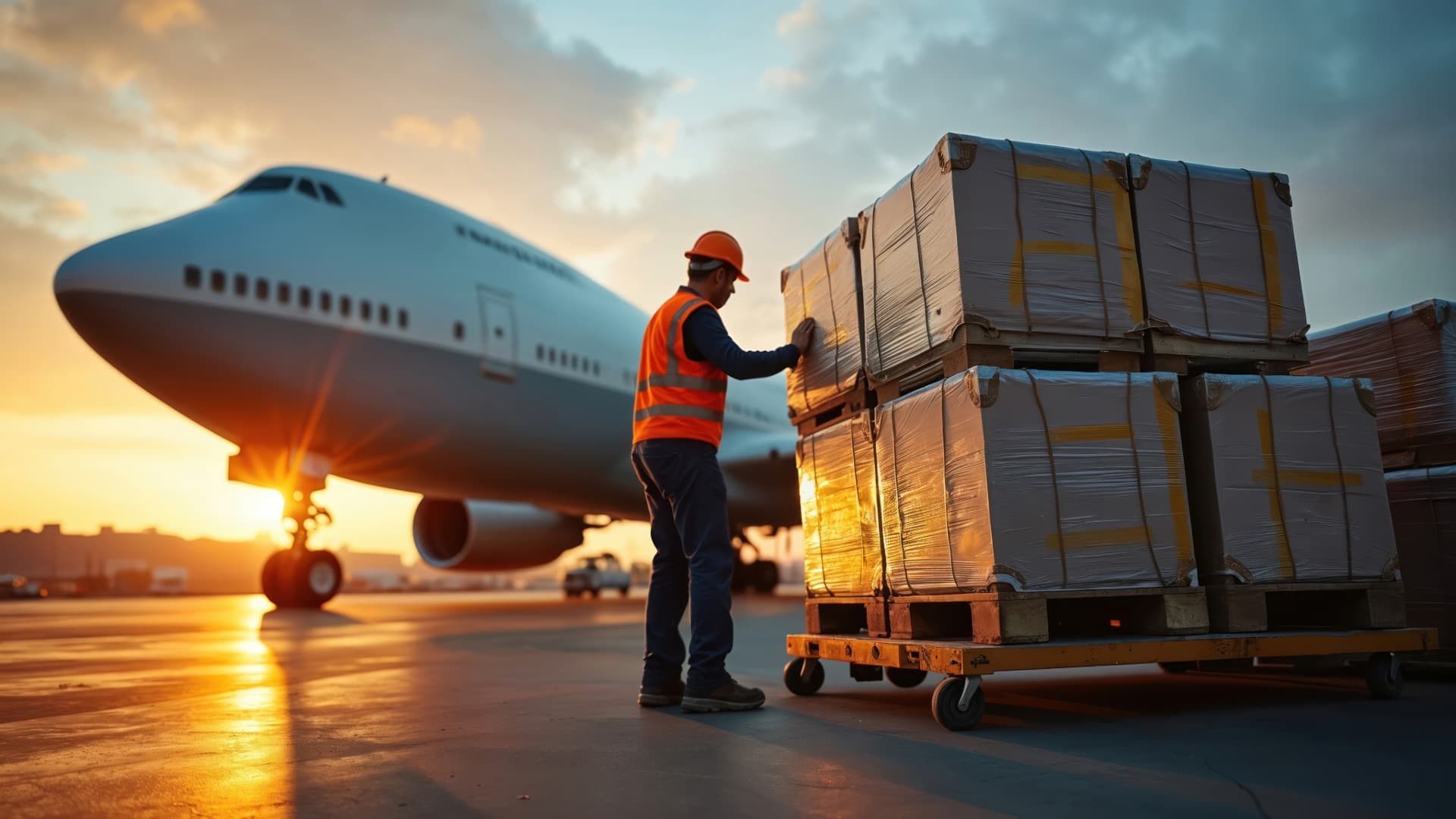 Airline cargo handling: ground crew checks pallets beside aircraft at sunrise