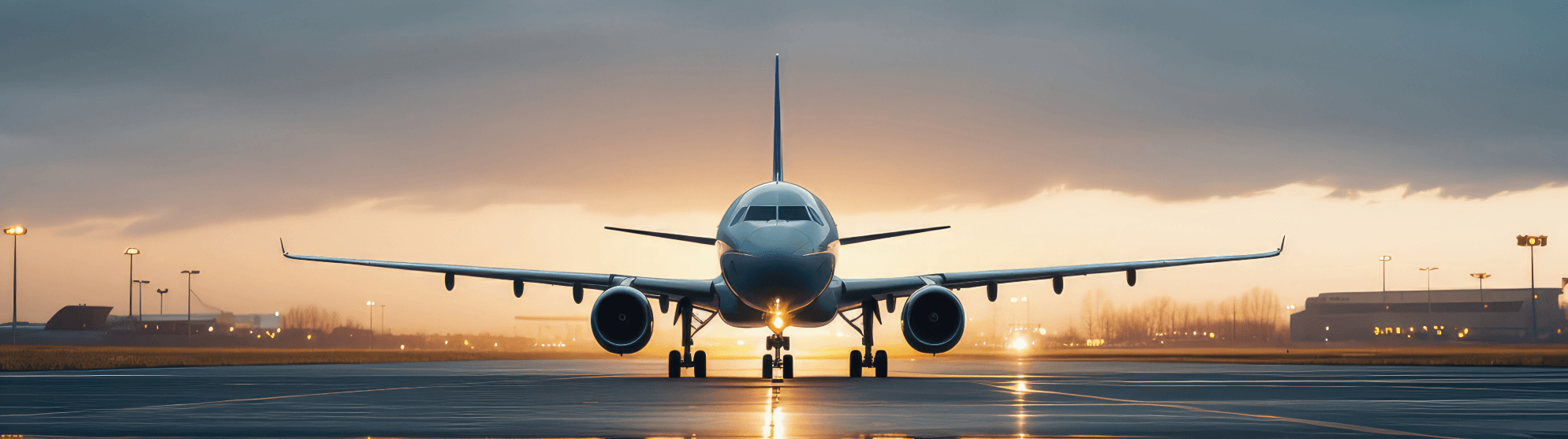Front view of a passenger plane on the runway at sunset, ready for take-off at airport of departure.
