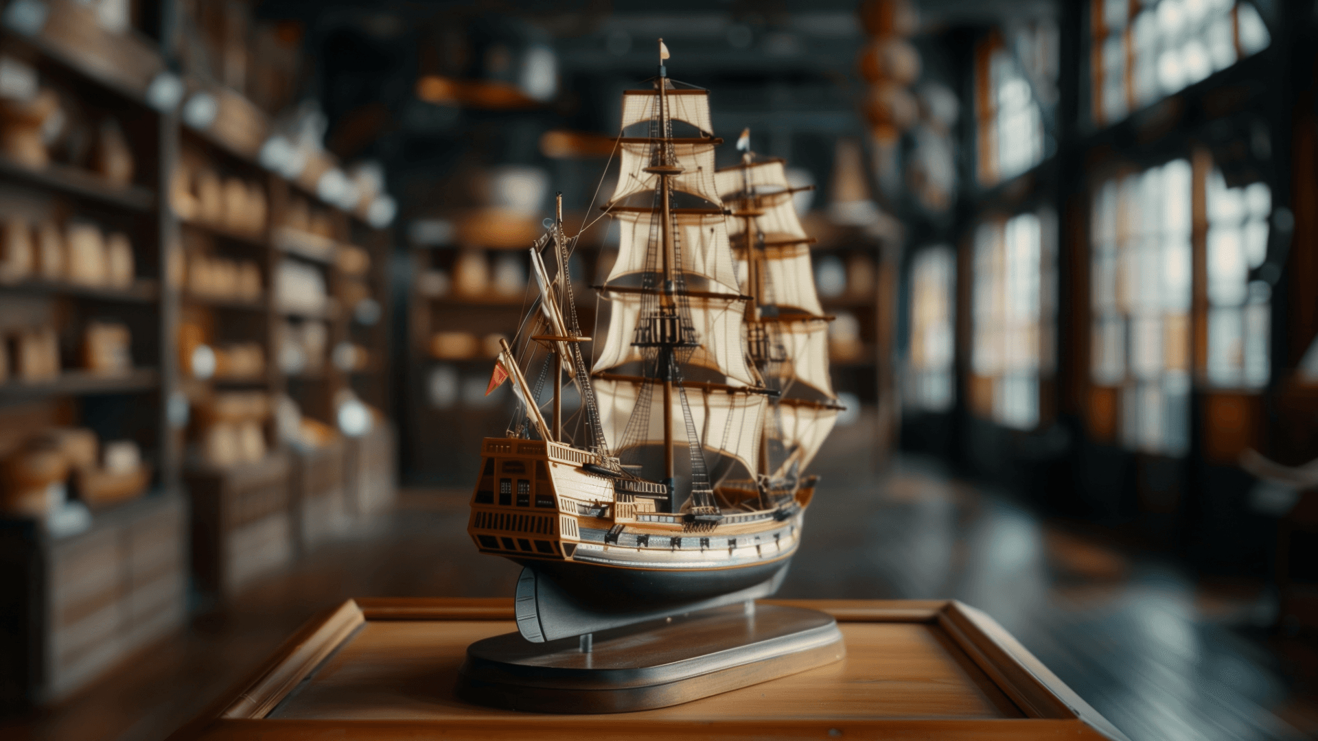Detailed ship model on display – suitable image for “safe transport of antiques and art