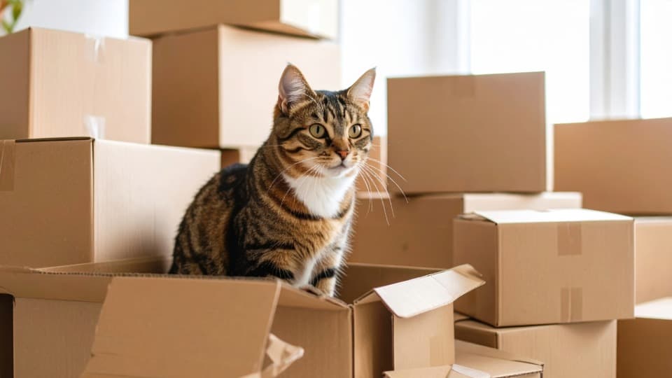 Cat among moving boxes, symbolising moving to Mongolia with pets