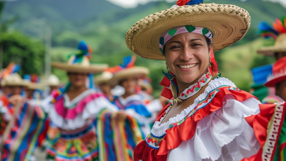Smiling woman in traditional dress at an outdoor festival