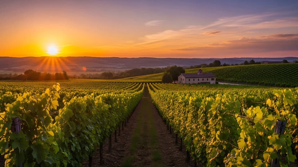 Sunset over vineyards and rolling hills with a small house