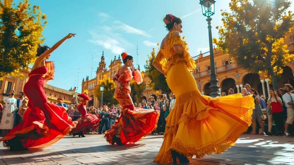 People in colourful dresses dancing in a square during a street festival in Spain