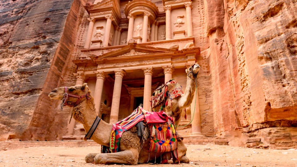Two camels in front of the famous mausoleum at the UNESCO World Heritage Site of Petra, Jordan.
