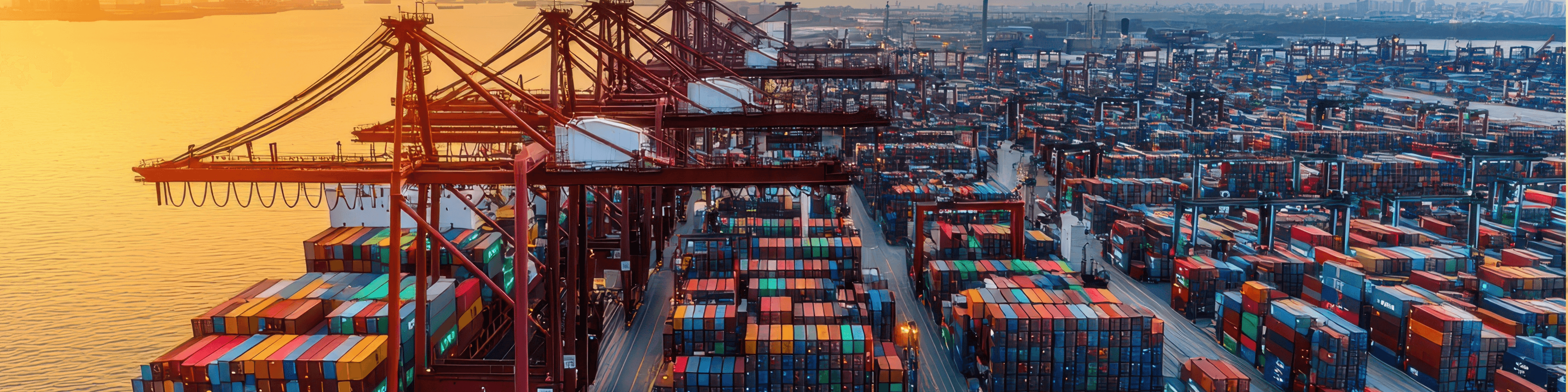 Aerial view of a large container terminal with many containers of various sizes being loaded onto ships.