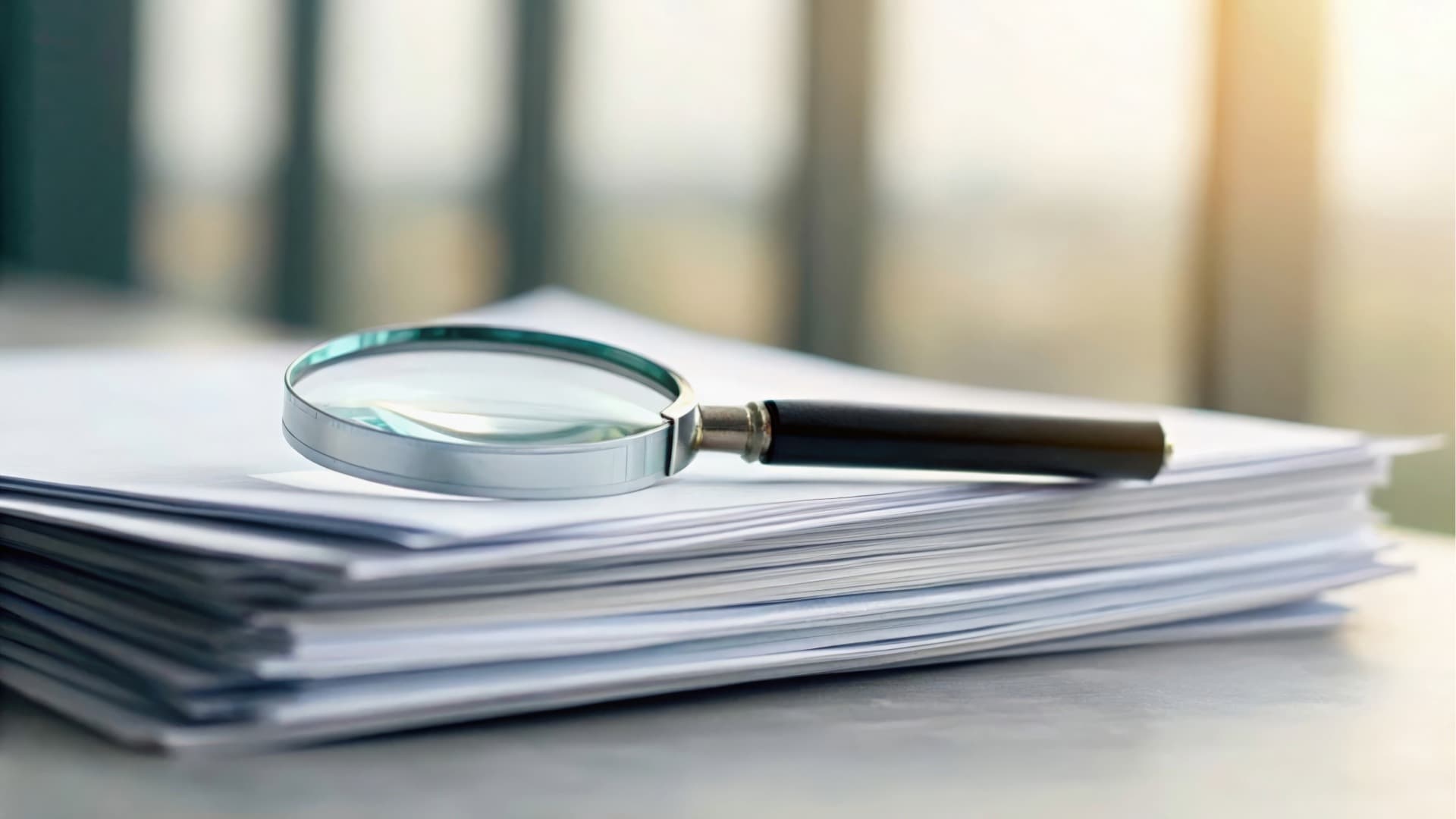 Magnifying glass on a stack of documents – review and organization before moving with a book box