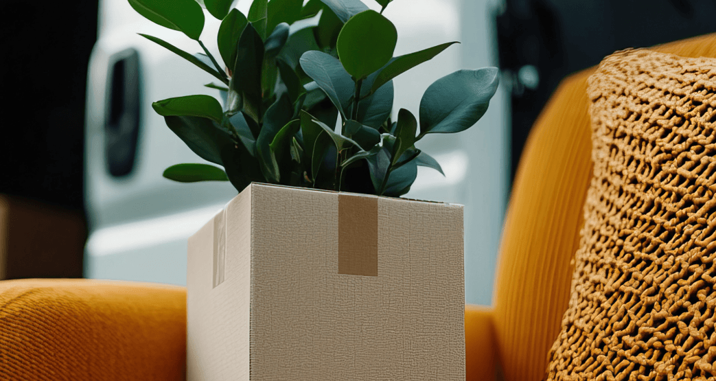 Ein gepackter Umzugskarton mit einer Pflanze und ein Sessel vor einem offenen Lieferwagen bei der Endkunden-Belieferung.