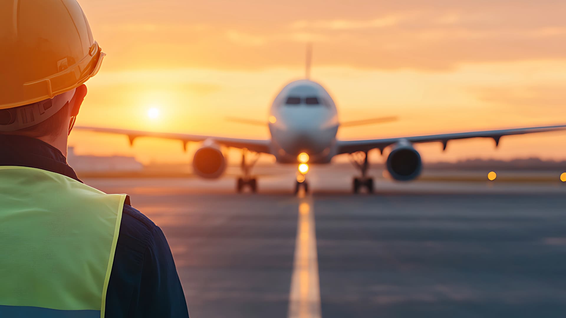 Airport worker observes airplane on tarmac at sunset; crucial for smooth Air-Waybill (AWB) processing in air cargo.