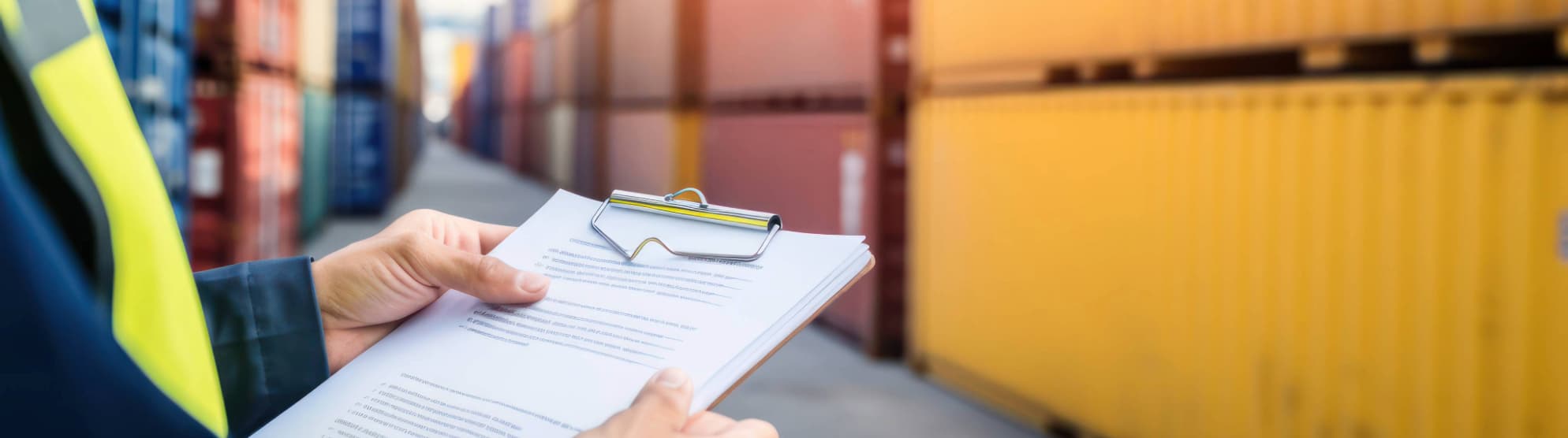 Truck driver with Bill of Lading checks containers at the port. Logistics and transportation.