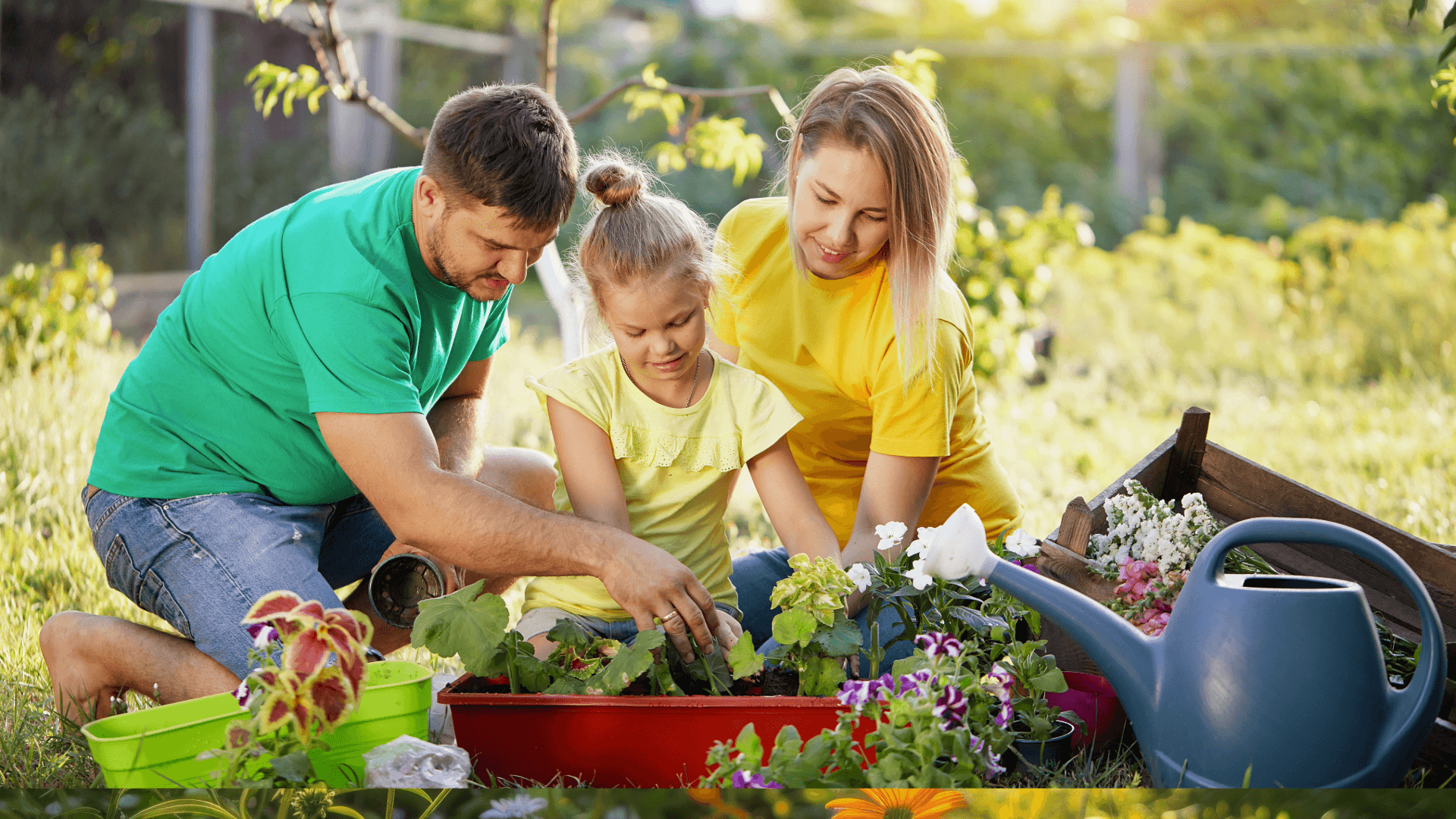 Family planting flowers in garden. Gardening and landscaping with child. Accessible.