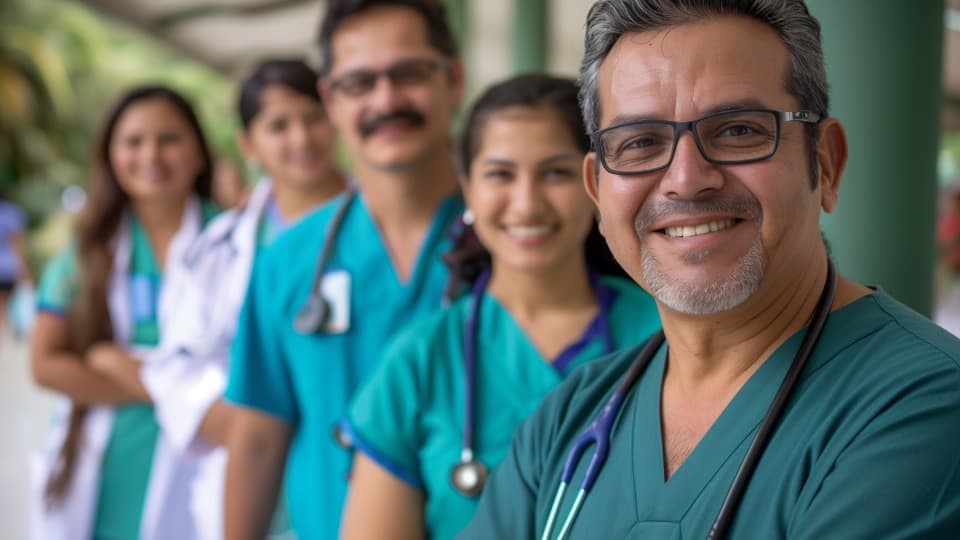Doctors from Panama are standing in a line, one behind the other, and smiling at the camera