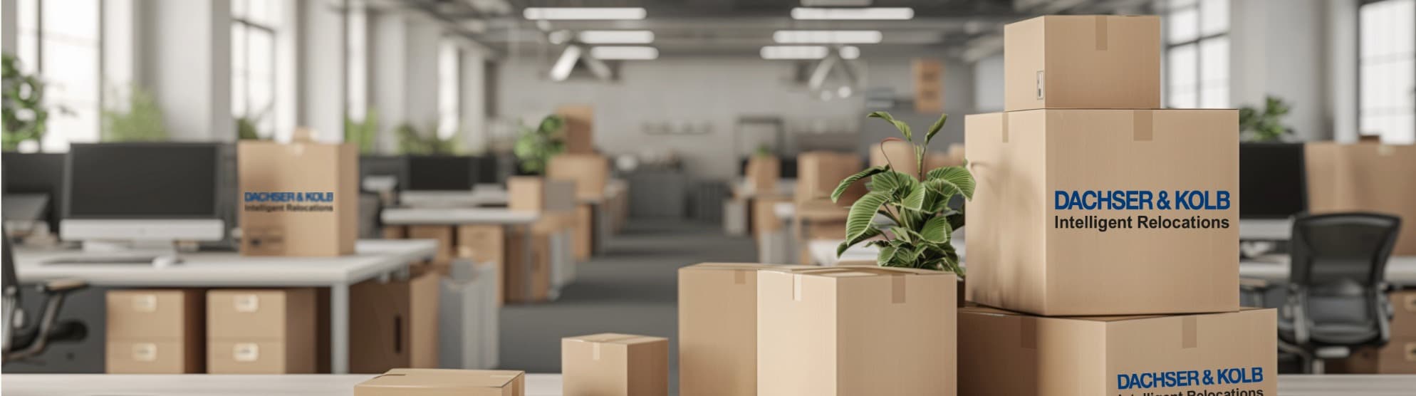 Büro mit gepackten Umzugskartons – Origin Service für den Abgangsstandort