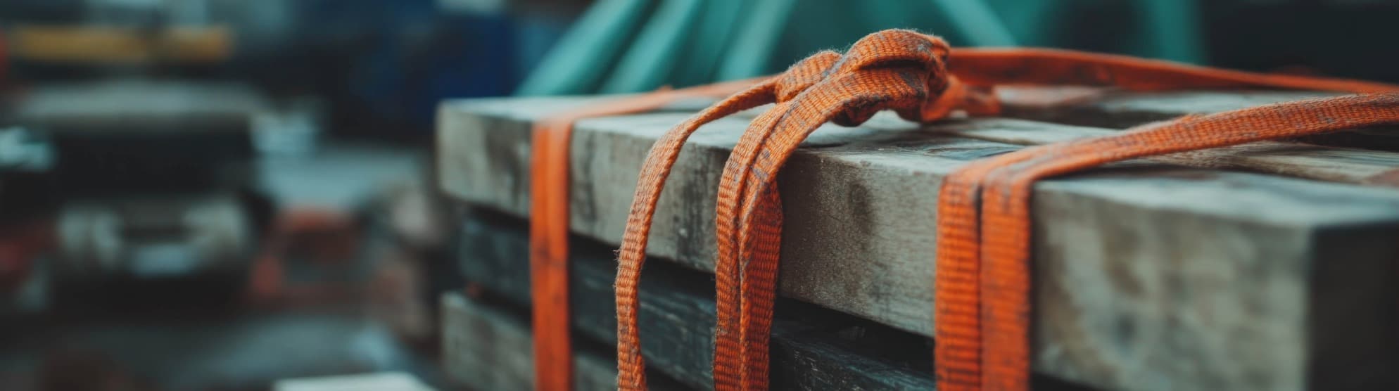 Orange lashing straps securing a wooden crate for safe transport on the vehicle.