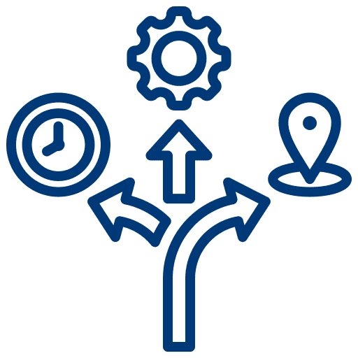 Icon with arrows, clock, gear, and location pin symbolizing flexibility
