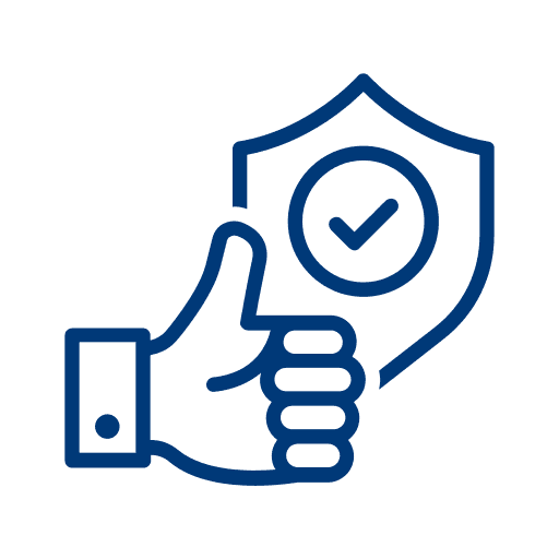 Icon of a thumbs up hand with shield and check mark symbolizing reliability