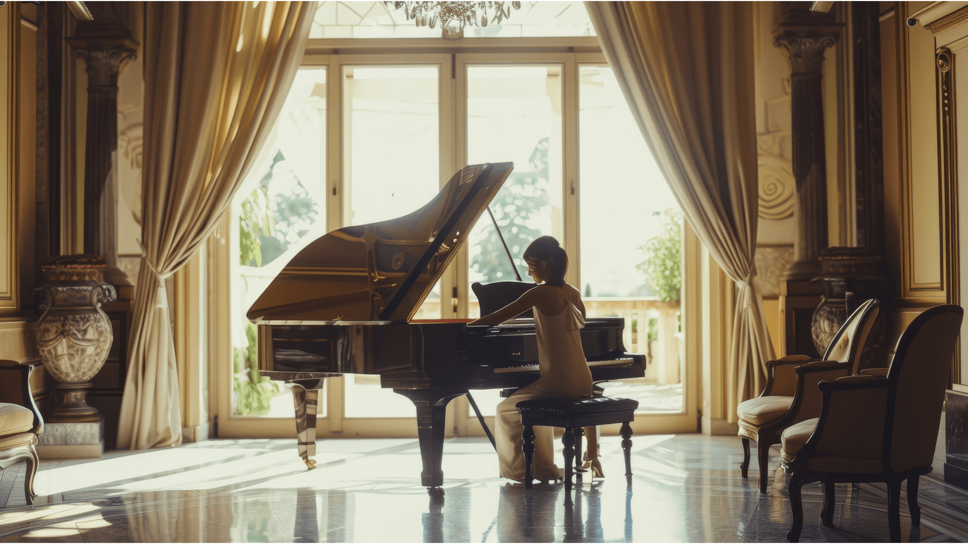 Woman playing grand piano in luxury room – safe piano transport & grand piano relocation for high-value instruments