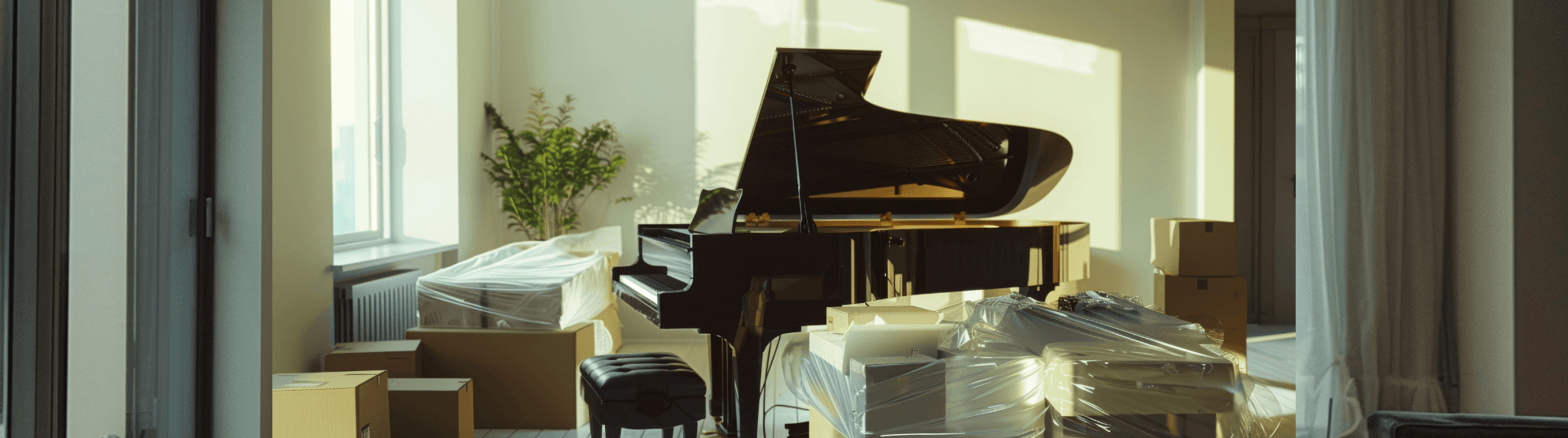 Sicherer Klaviertransport & Flügelumzug – verpackter Flügel in heller Wohnung mit Umzugskartons
