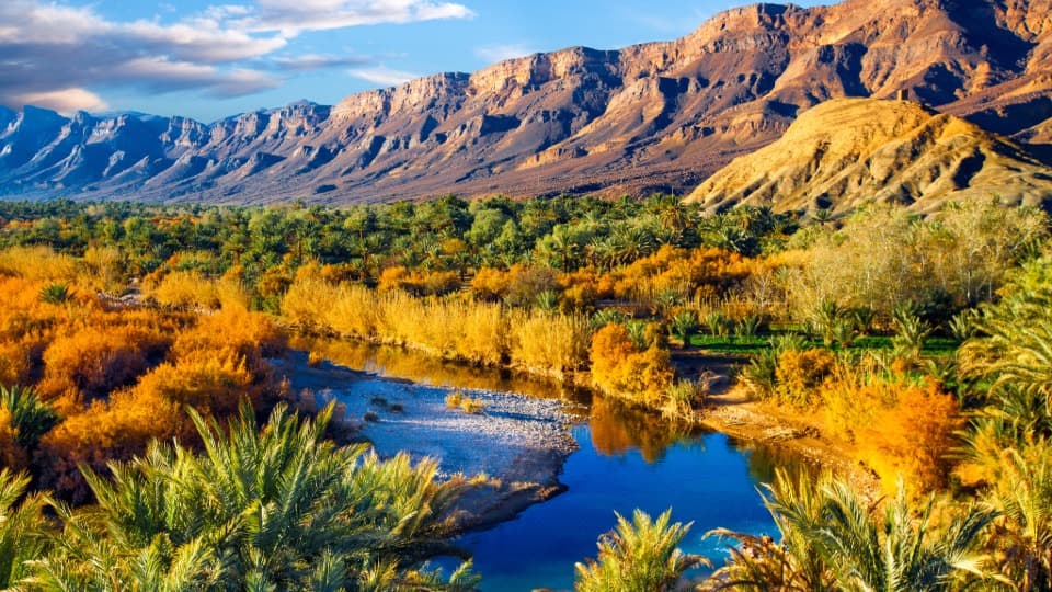 Landscape featuring a mountain range, a lake, and a desert