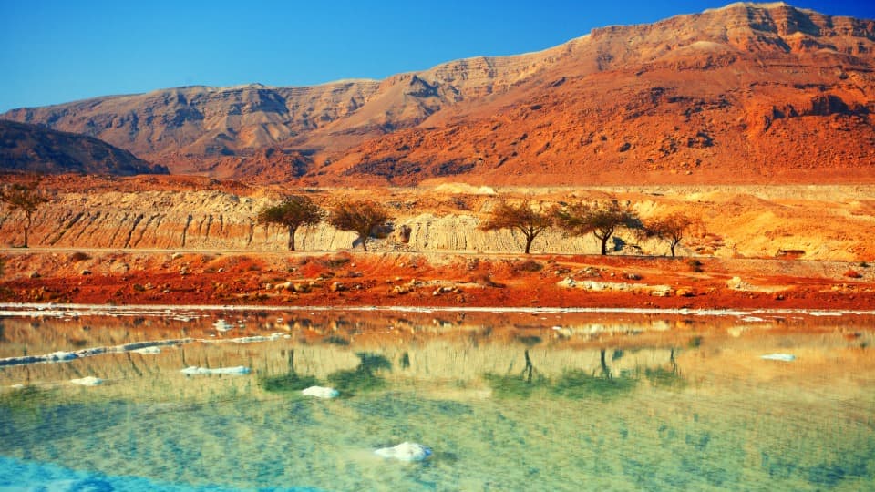 The Red Sea with mountains and desert in the background