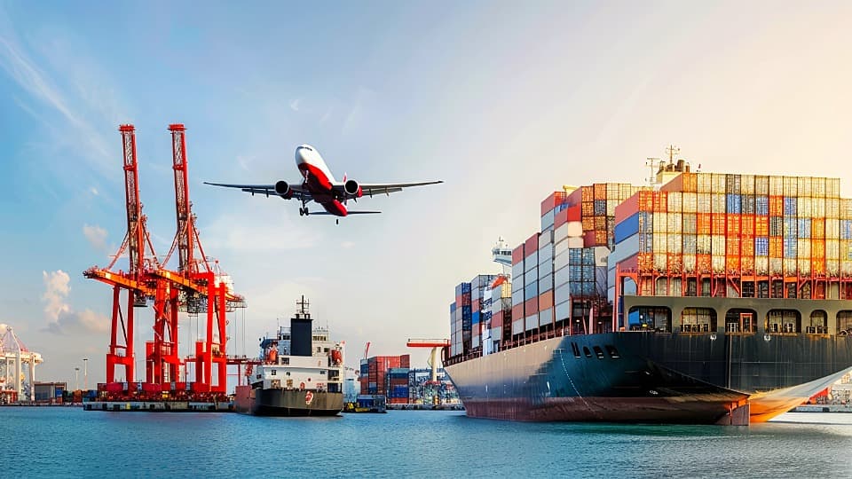 Ein großes Containerschiff liegt im Hafen neben roten Verladekranen, während ein Passagierflugzeug darüber aufsteigt als Symbol für die Kombination aus Seefracht und Luftfracht beim Umzug.