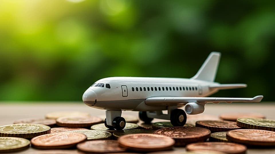 Ein kleines Modellflugzeug steht auf verstreuten Euro-Münzen vor einem unscharfen, grünen Hintergrund als Symbol für die Kostenkalkulation beim Luftfracht-Umzug.