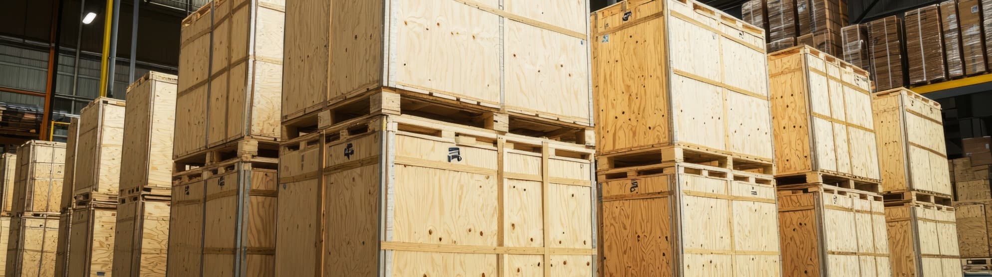 Stacked liftvan wooden crates in a warehouse – sturdy shipping crates for international moves
