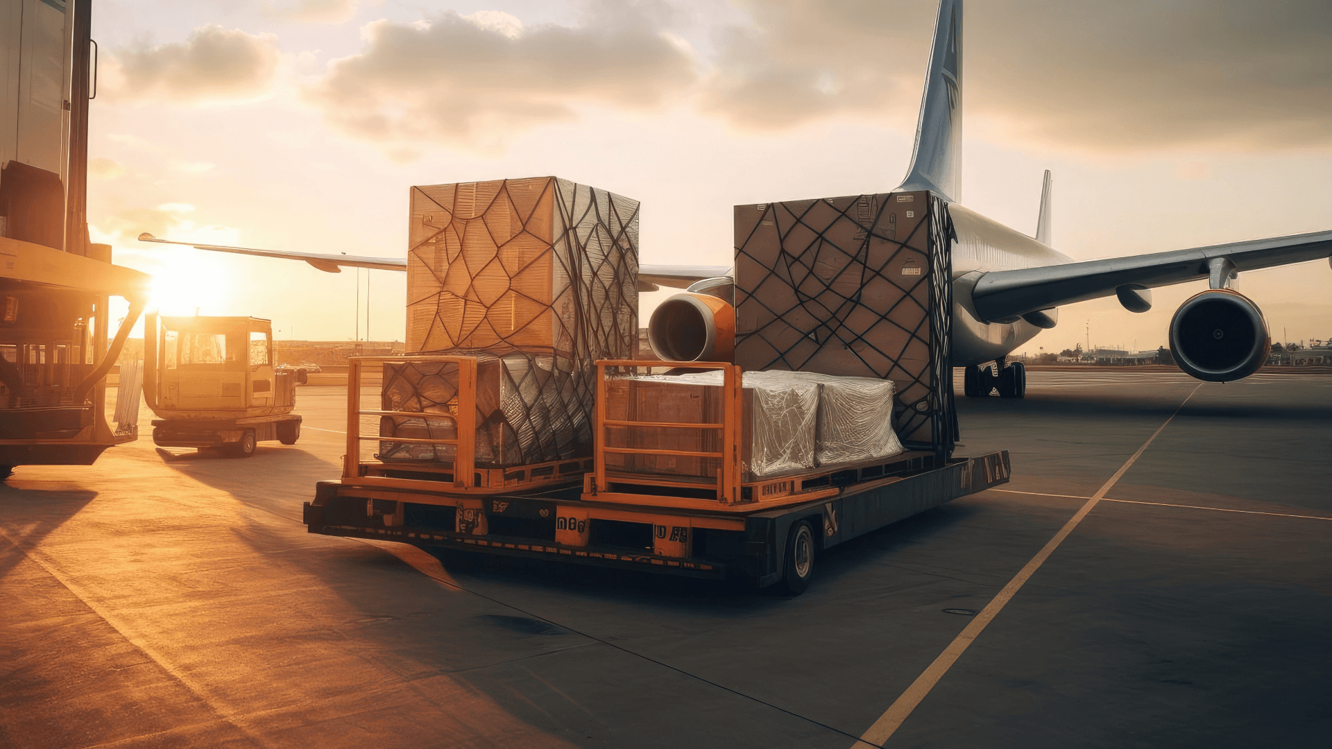 Loading air freight into an airplane at sunrise. Pallets with wrapped goods for fast transportation.