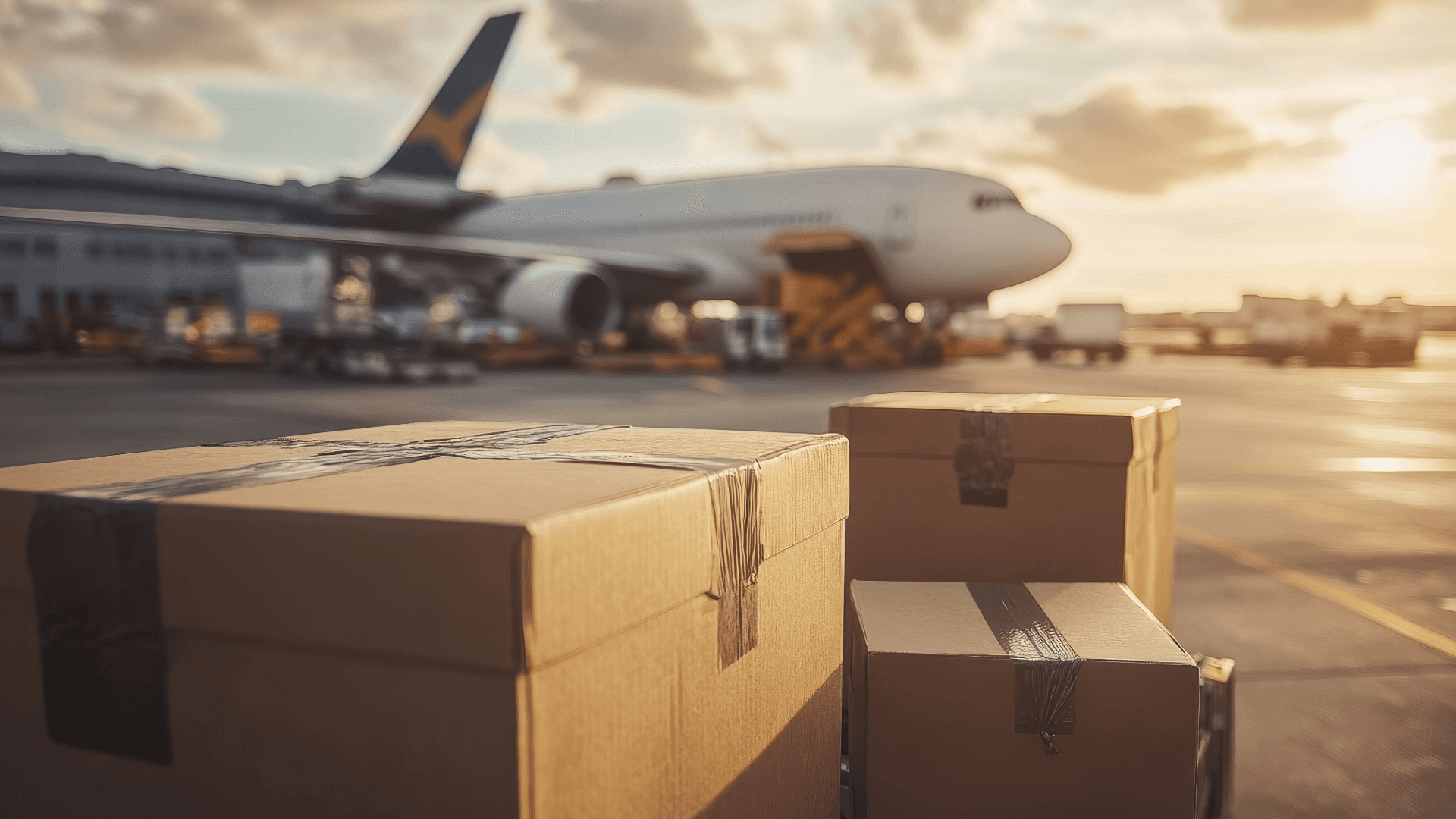 Cardboard boxes for air freight in front of a cargo plane at dusk. Airport logistics and fast shipping.