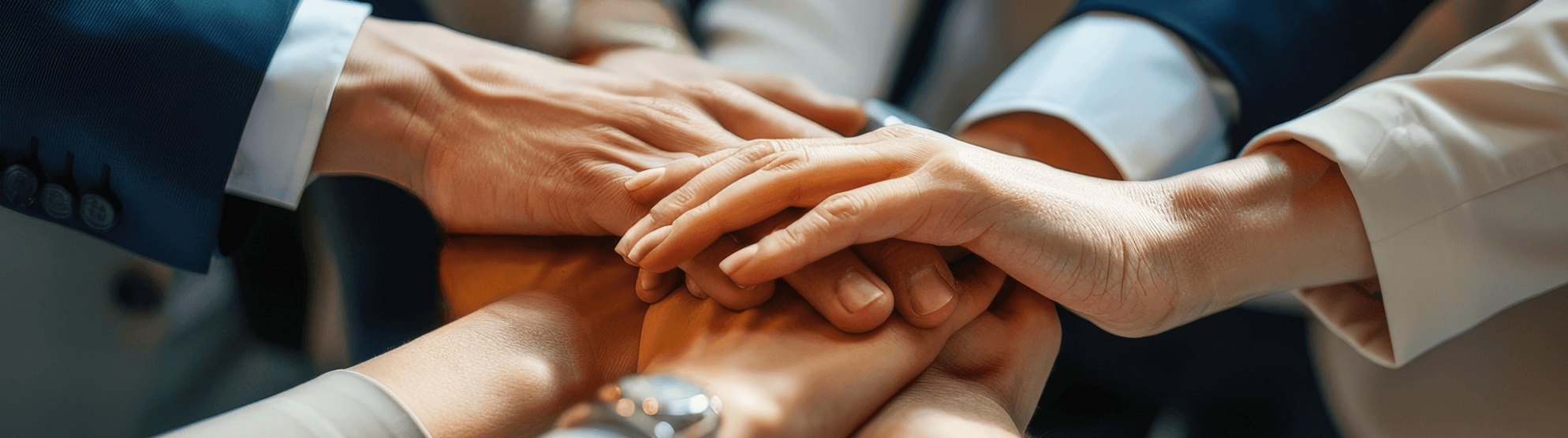 Mehrere Hände übereinander als Symbol für positive Unternehmenskultur und Teamzusammenarbeit.