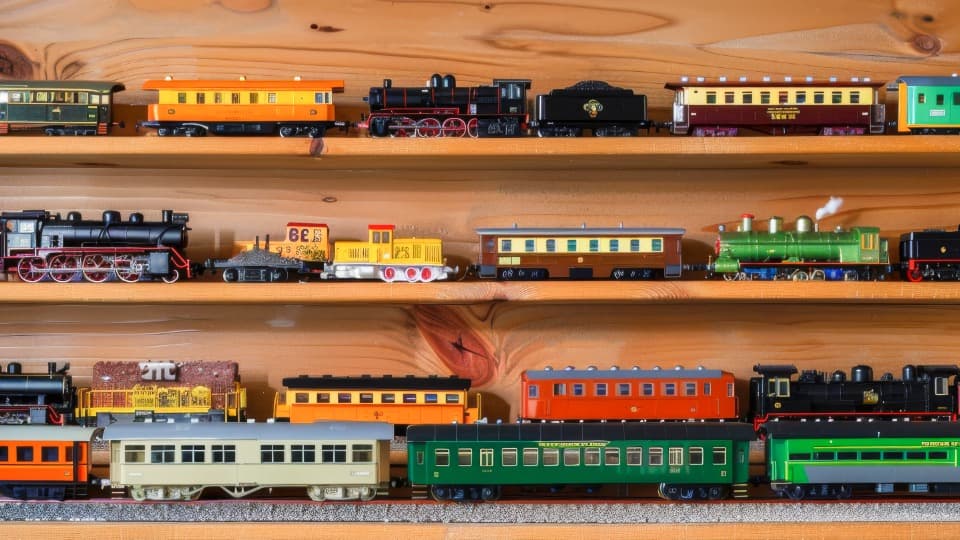 Mehrere Holzregale voller Modelleisenbahn-Lokomotiven und Waggons, die vor dem Umzug mit DACHSER & KOLB vollständig ausgeräumt werden müssen.