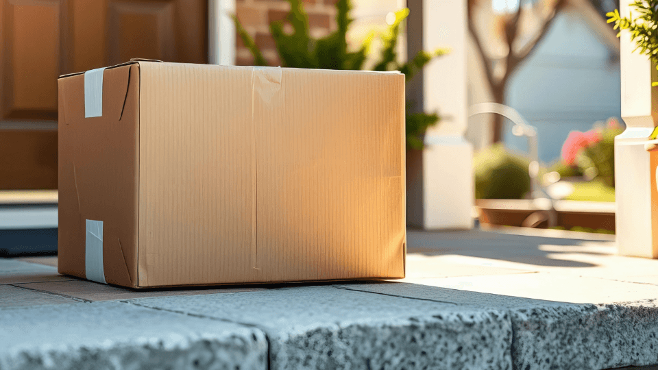 Ein großes braunes Paket steht zugestellt auf den Steinstufen im Tageslicht.