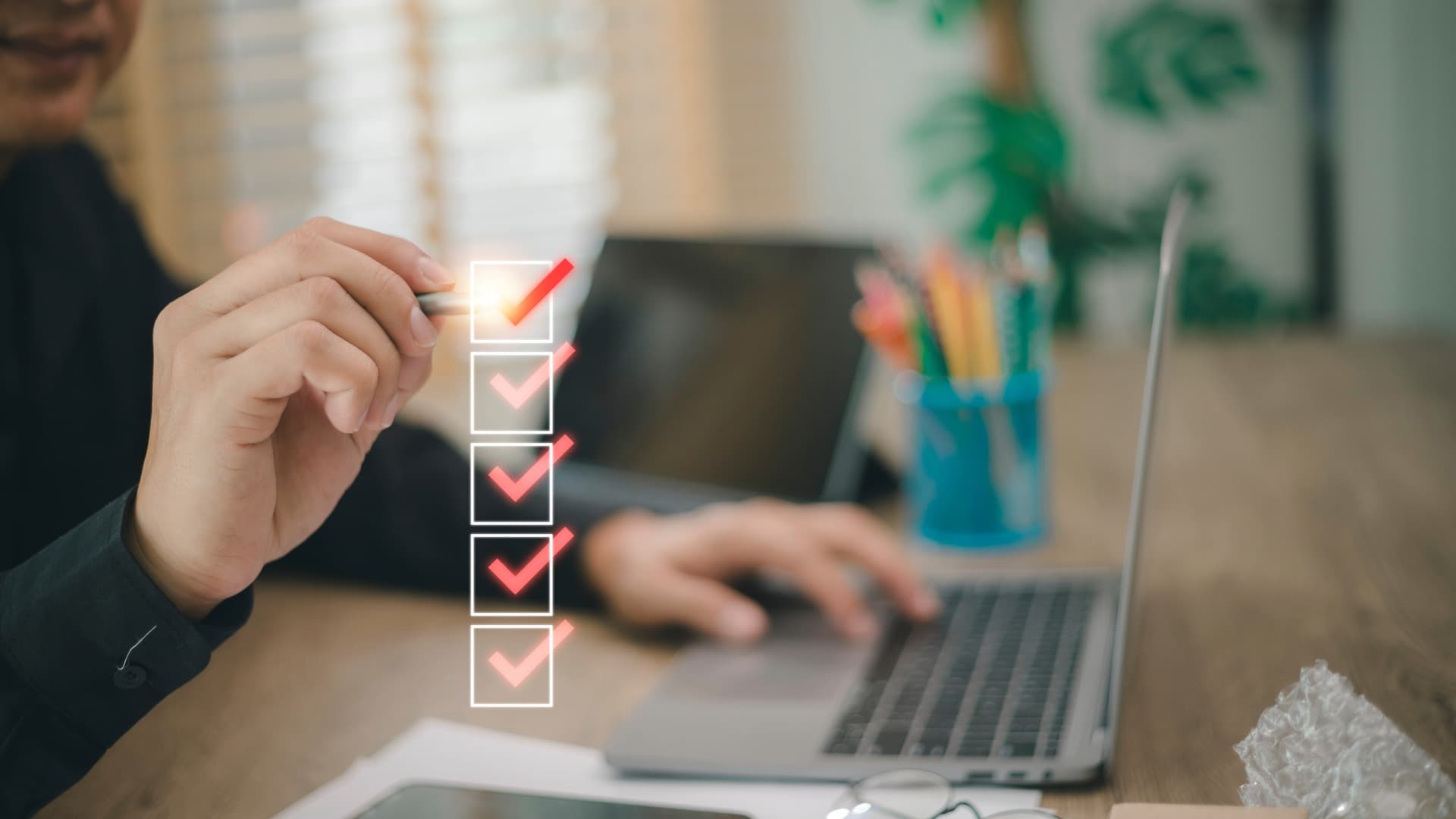 Checklist on laptop – planning and documentation for heavy cargo moving and transport