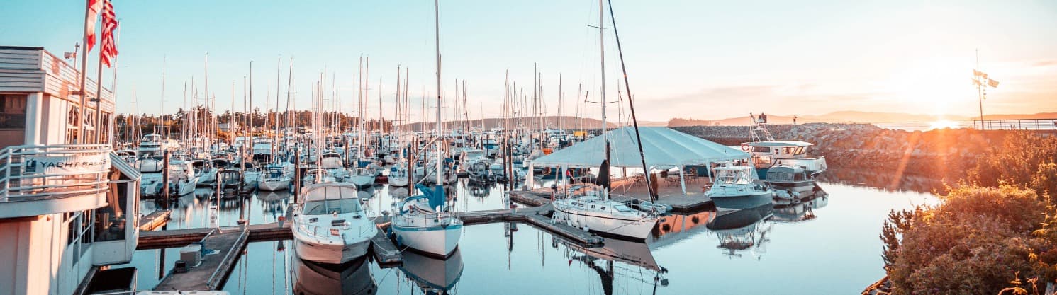 Marina at sunrise – symbolizing POD, the Port of Discharge in international shipping logistics.