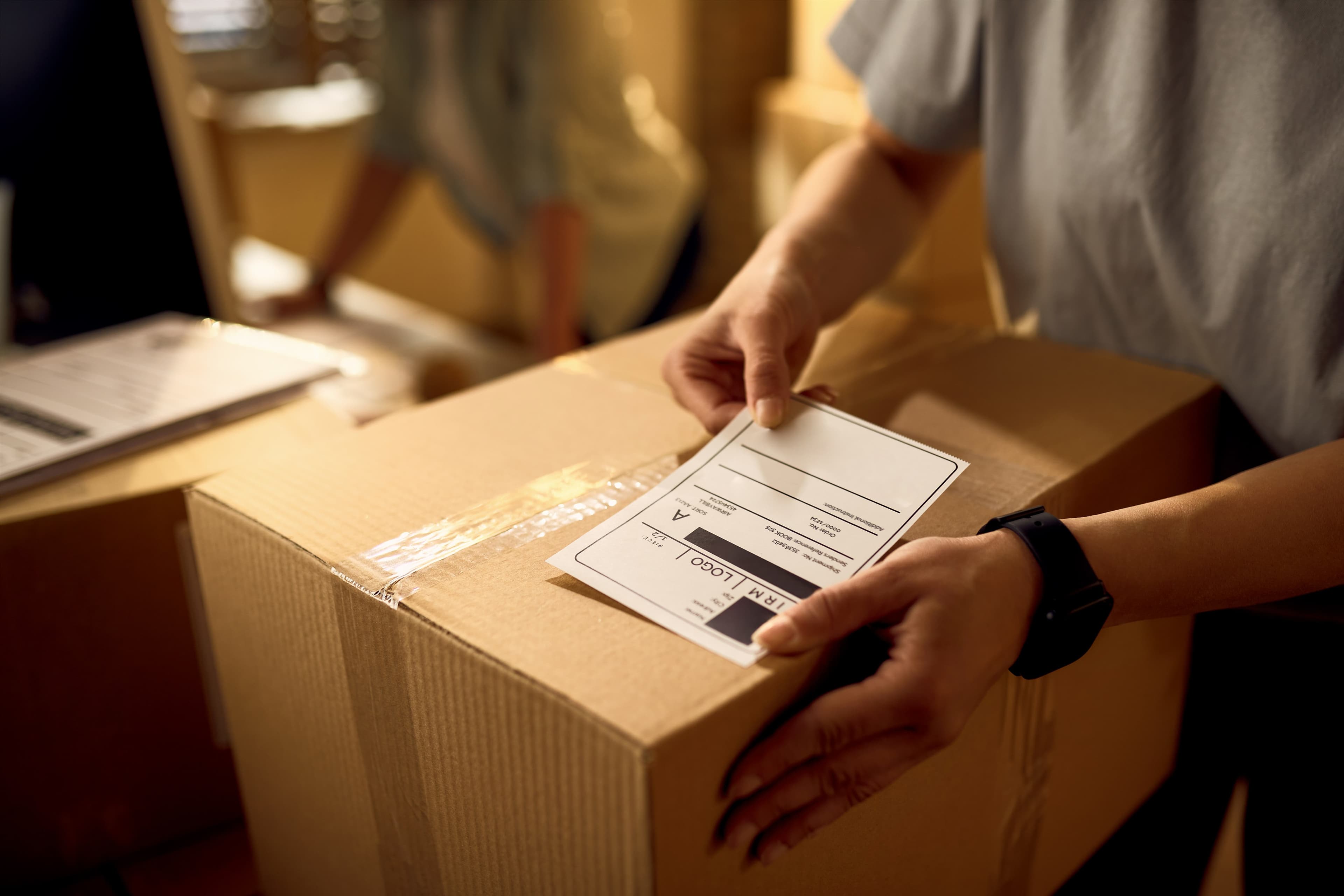 Nahaufnahme einer Person, die ein Retourenlabel auf ein Paket klebt – Symbol für schnellen Retourenservice.