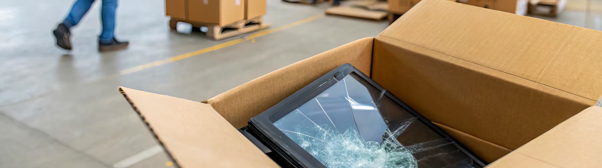 Damaged screen in open packaging – symbolic image for damage processing in logistics