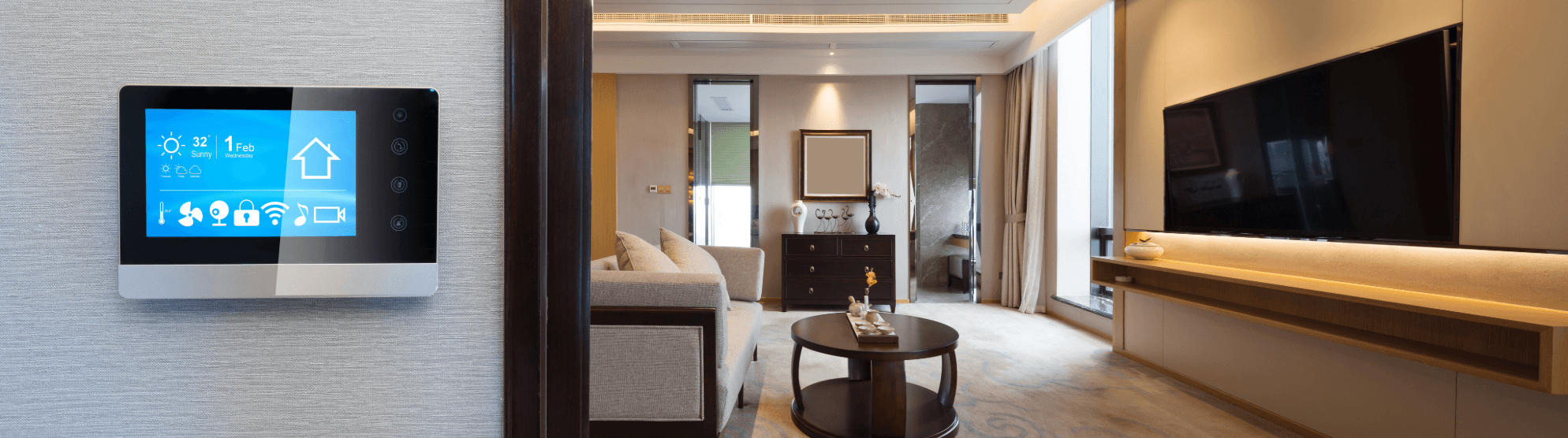 Modern living room with smart home technology: wall display controls climate, security and media systems