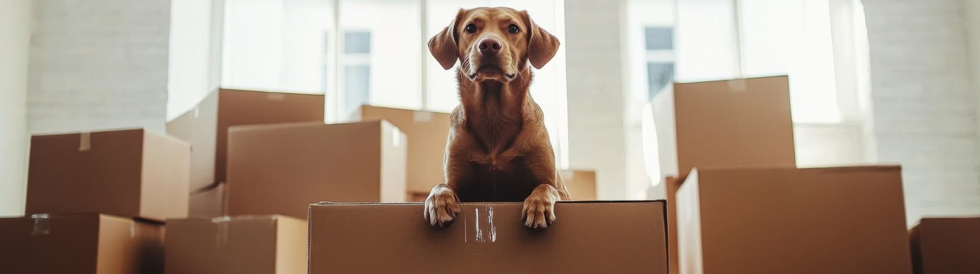 Dog among moving boxes at home, looking over a box edge, symbolic image for pet relocation