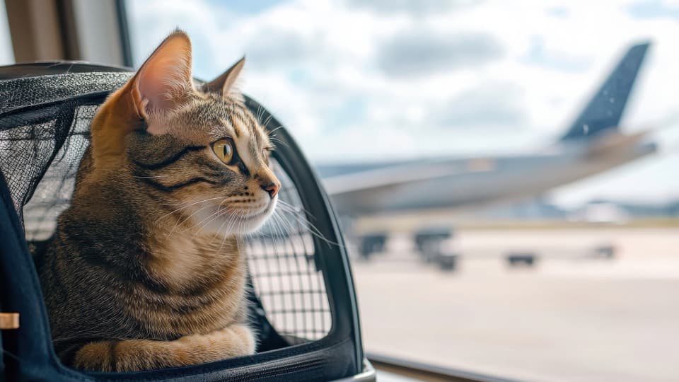 Cat in a travel carrier at the airport in front of an airplane – symbolizing safe pet relocation to China.