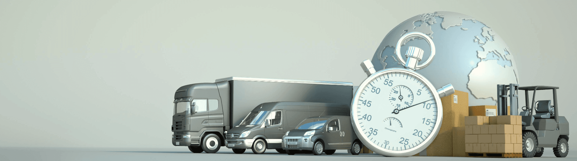 Various transport vehicles with globe and stopwatch symbolize precise Estimated Time of Arrival (ETA) for worldwide relocations.