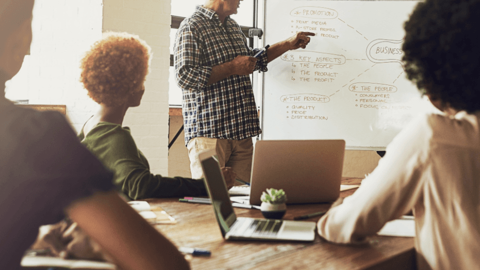 Team bei einer Besprechung mit Whiteboard – Symbolbild für Tipps und Wissen im Umzugs-ABC