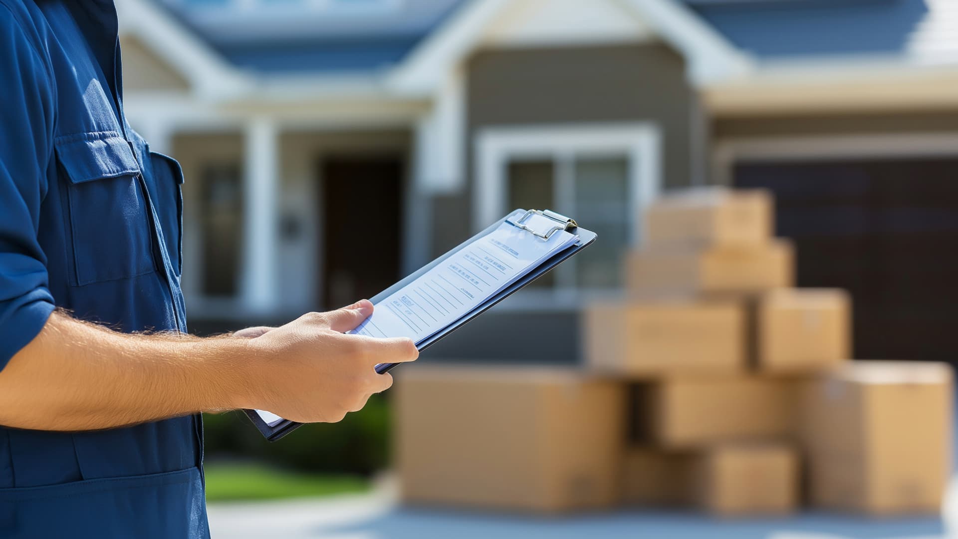 Mover checks inventory list in front of a house – moving boxes in the background indicate ongoing relocation.