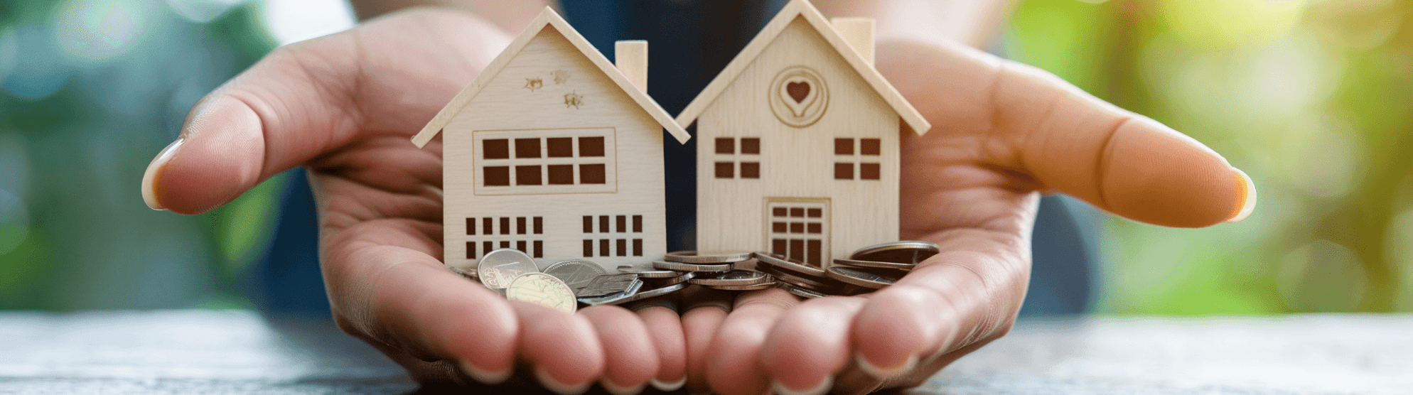 Symbolic image for insurance after moving – two houses in hands with coins representing coverage.