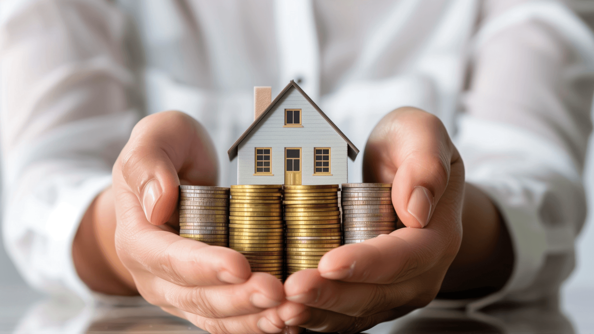 Hands hold coin stacks with mini house – symbol of financial protection and insurance options for moving.