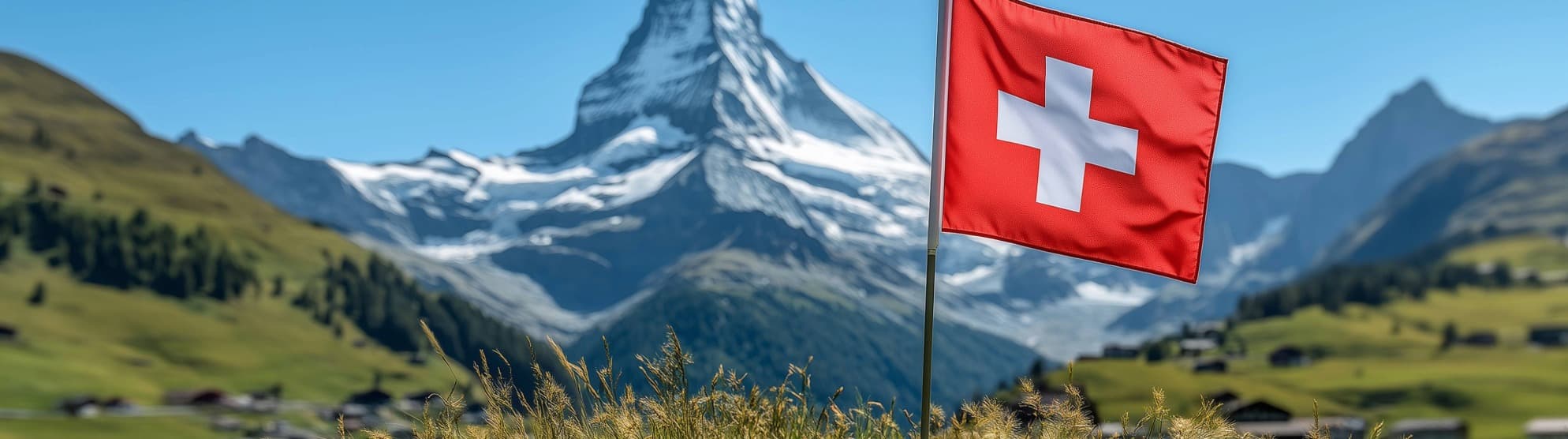 Schweizer Flagge vor Alpenlandschaft mit Matterhorn bei klarem Himmel.